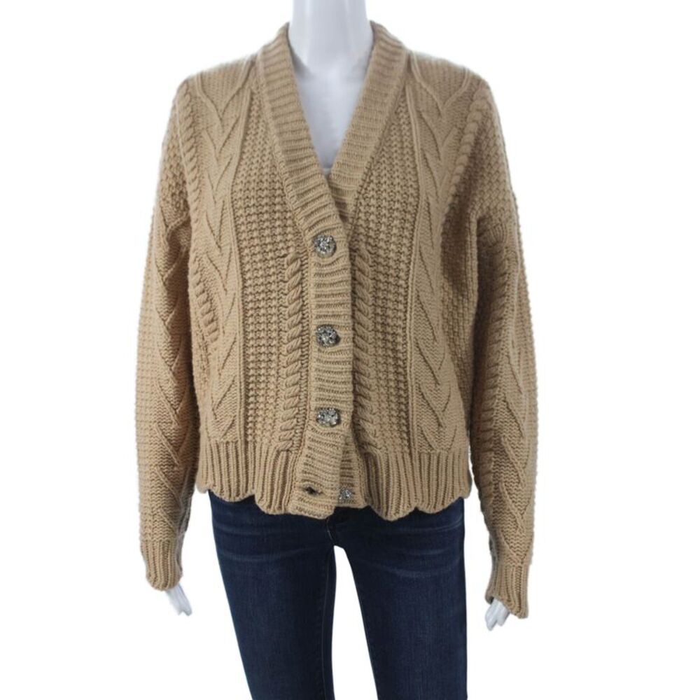 Manoush Women Cardigan V-Neck Cable Beige Wool Size XS